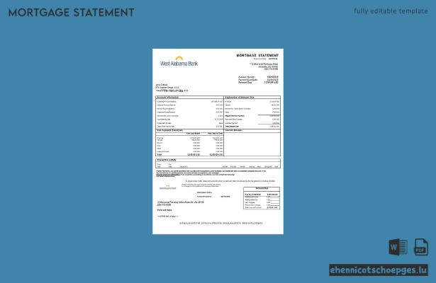 USA, West Alabama: Bankhypothekenauszug in Word- und PDF-Formaten – Beispielvorschau